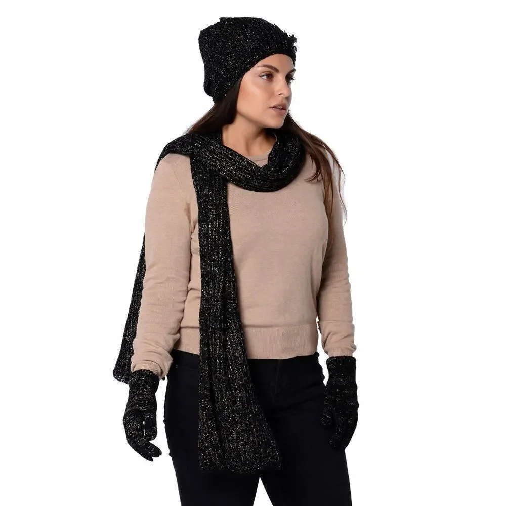 Knitted Beanie, Scarf and Gloves Black, Golden